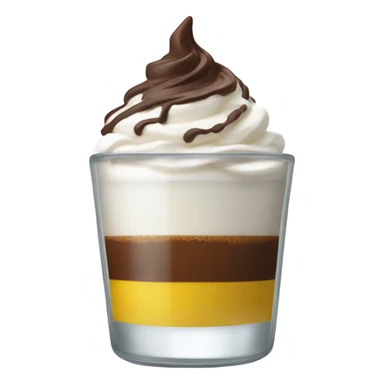 Shot glass, the liquid inside is divided in two, yellow at the bottom and coffee on top covered whit a nice spry cream and chocolate powder sticker