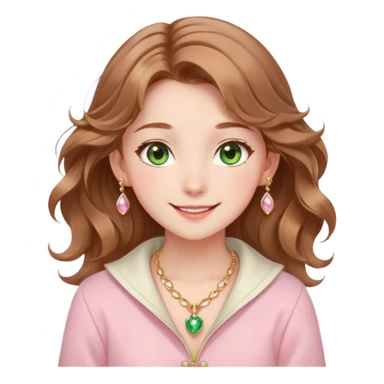 Anime-style cute girl with natural wavy light brown hair, green eyes, gentle blush on cheeks, small golden jewelry, wearing pink and white clothes, smiling happily. Magical and playful vibe sticker