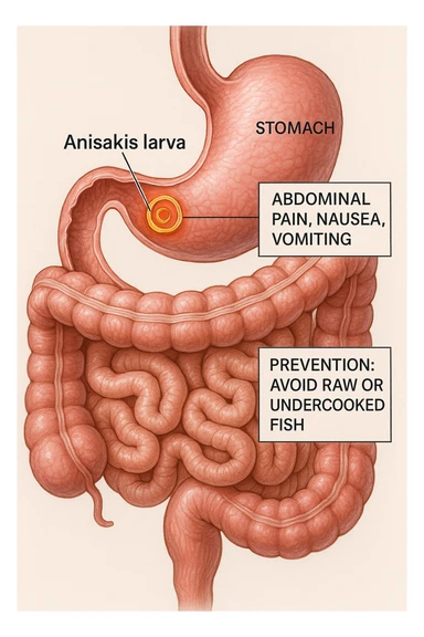 a cutaway view of the human digestive tract, showing an Anisakis larva attached to the stomach or intestinal wall. The parasite is highlighted in color, with surrounding tissue rendered in realistic detail. Educational labels describe symptoms and prevention. sticker
