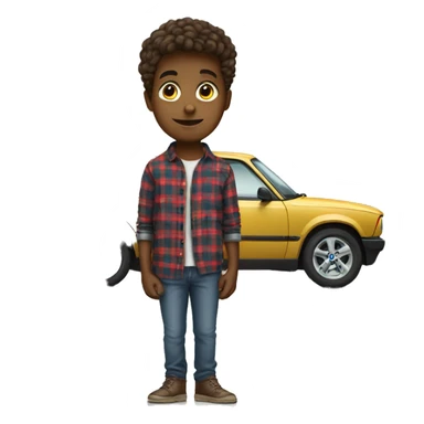 boy in plaid with car leaning on a bmw sticker