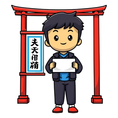 Japanese high school boy welcoming visitors with poster at cultural festival entrance sticker