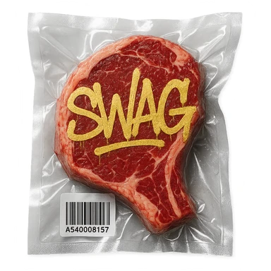 steak with gold graffiti-style 'SWAG' text, glossy, vacuum-sealed style sticker