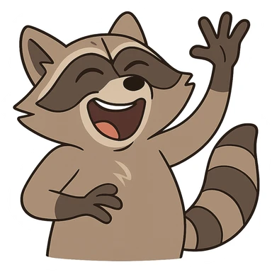 raccoon, eyes closed, mouth wide open in laughter, waving energetically sticker