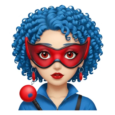 blue curly haired girl with huge earrings, wearing red paintball eye mask, sticker