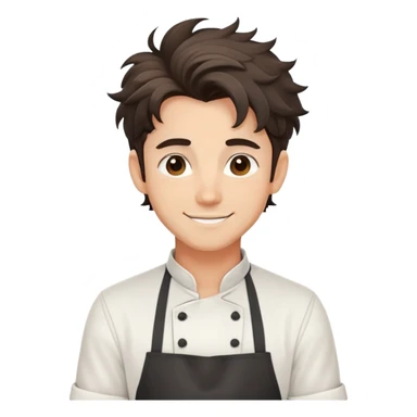 Attractive chef boyfriend with messy dark apron, tousled hair, playful smile, romantic sticker