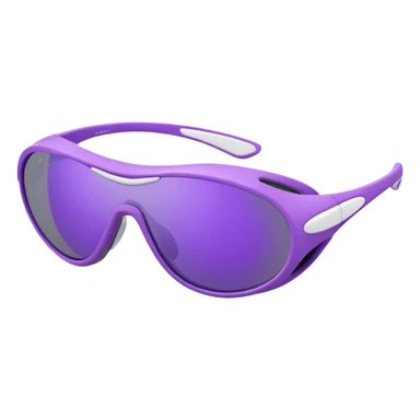 3D render of futuristic sports sunglasses, oval purple tinted lenses, white glossy frame, large gray ventilated nose guard, detailed reflections, realistic materials, high detail, isolated on transparent background, 4K resolution sticker