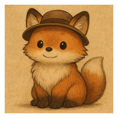 A cute, fluffy fox with a round head in the style of Studio Ghibli, wearing a hat. sticker