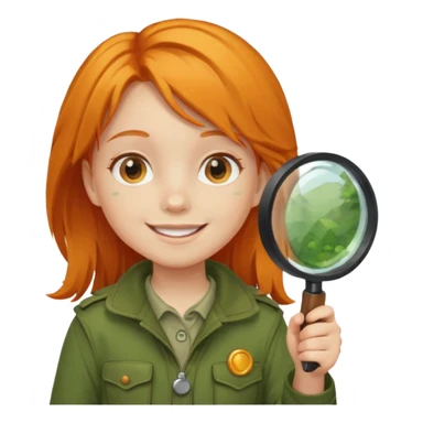 braid orange haired girl kid in moss green explorer outfit, holding magnifying glass, smile sticker