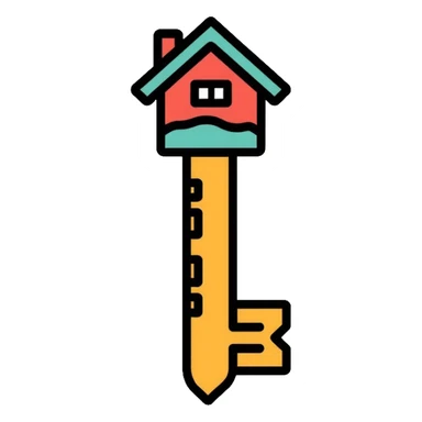 Key with a small house symbol, housing access concept for homelessness support logo sticker