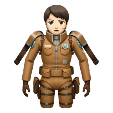emoji-style illustration of Attack on Titan Survey Corps suit with flared collar, harnesses, minimalist maneuvering gear, muted browns blacks grays, determined facial expression, compact and stylized, clear at small size sticker