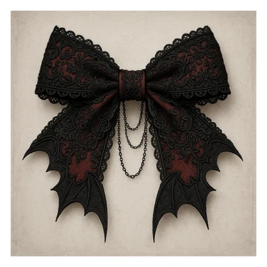 gothic lolita bow, ornate lace, black and crimson, delicate chains, Victorian influence, bat-shaped ends sticker