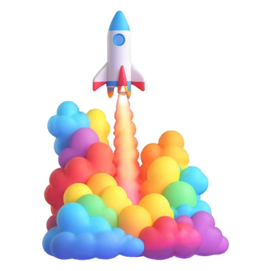 a rocket launching with rainbow smoke, 3D emoji style sticker