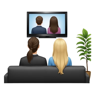 A man and a women long hir  photographed from behind, sitting on a sofa and watching the news on TV on a modern flat screen. The setting is a living room. sticker