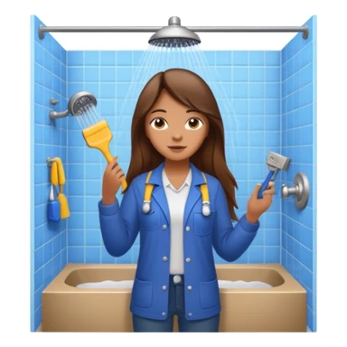 beautiful girl with long brown hair constructing new bathroom area with new shower and amenities  sticker