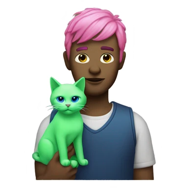 Man with pink hair and blue skin holding a cat that’s neon green sticker