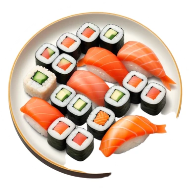 Sushi Cinematic Realistic Sushi Dish Emoji, depicted as one or two artfully arranged pieces of fresh sushi, rendered with delicate textures and subtle, natural lighting that highlights its refined simplicity. sticker