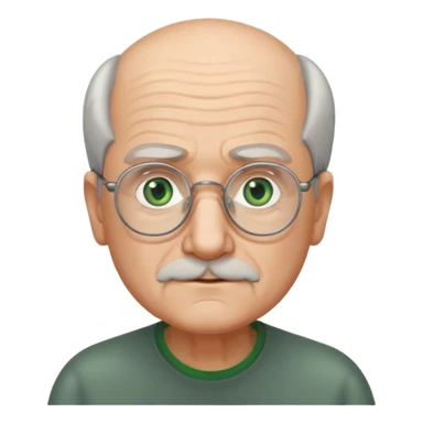 Old man with receding hair, grey hair only on the sides, green eyes, rectangular reading glasses, rounded face sticker