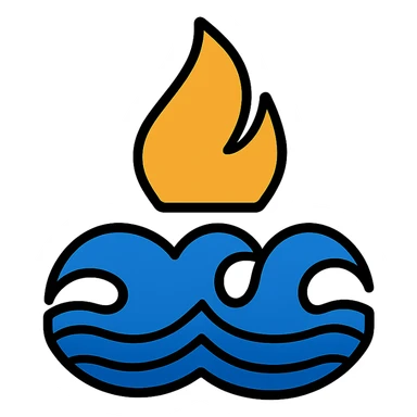 emblem of South Pars Gas Complex combining flame and sea wave, blue, gold and white colors, symbolic and simple style, no text sticker