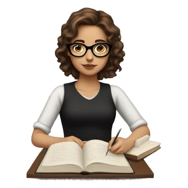 A girl with brown hair and black glasses writting a novel sticker