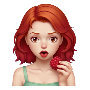 redhead girl with a displeased face eating raspberries sticker