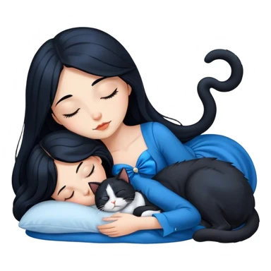 beautiful long Black hair girl, wearing blue dress. sleeping next to a tuxedo cat sticker