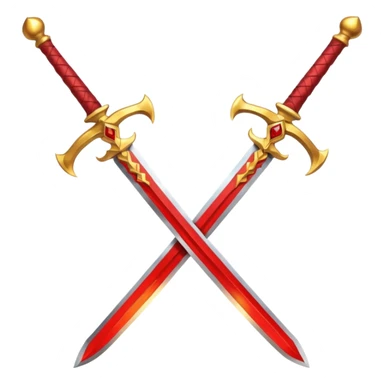 Two crossed swords that are golden in blade and handle and have fiery and royal appearence to them as well as red gem stones yellow in color sticker