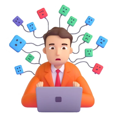 programmer in panic, surrounded by error messages, anxious face sticker