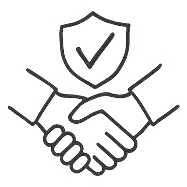 A shield with a tick, and two hands shaking behind it. sticker