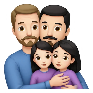 Tall white man with brown mustache and goatee hugging a short pale woman with long black hair holding daughter sticker