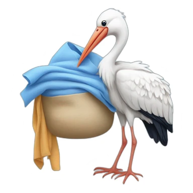 White stork carrying a blue bundle of cloth in its beak that has a human baby with and the human baby head is peeking from the fabric bundle the strok is carrying with its beak sticker