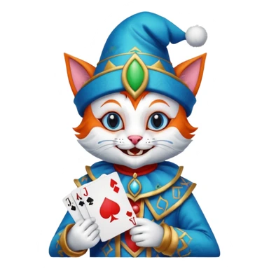 crazy colorful cute little cat jolly joker from poker, medieval, vintage, court jester, mac os icon, blue color, holds poker cards (clearly detailed and precise) sticker