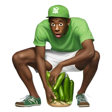Tyler the creator grappling a pickle in between his legs while squatting sticker