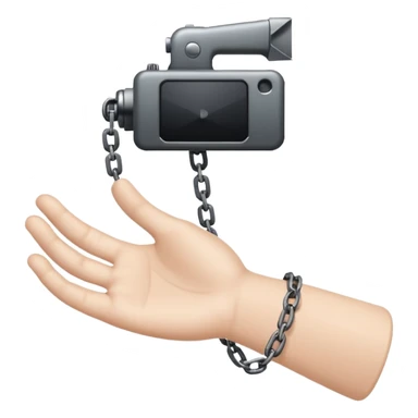 Minimalist emoji-style sticker of a human hand bound by a chain leading to a video camera. Icon-like, clean silhouette, muted tones. sticker