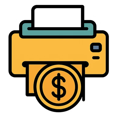 money printer designed as a gold coin with subtle dollar sign details, modern icon style sticker