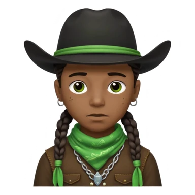 Black boy with three braids near each eye wearing a black cowboy hat with green bandana around his neck sticker
