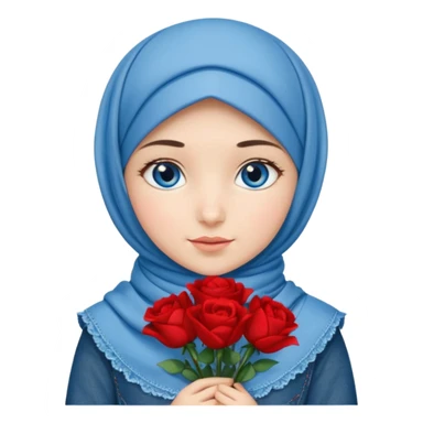 Turkish beautiful finish Konya girl blue eyes with denim bow hijab islamic dress and had on her hand red bouquet  sticker
