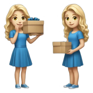 realistic white blode long hair girl in a blue dress holding a box with effort sticker