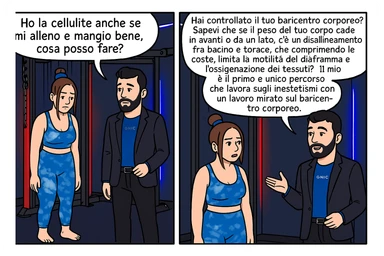 TRASFORMA QUESTO CAROSELLO IN UN FUMETTO CON QUESTE DUE PERSONE IDENTICHE CHE INTERLOQUISCONO TRA LORO:

LEI: Ho la cellulite anche se mi alleno e mangio bene, cosa posso fare?

LUI: Hai controllato il tuo baricentro corporeo?
Sapevi che se il peso del tuo corpo cade in avanti o da un lato, c’è un disallineamento fra bacino e torace, che comprimendo le coste, limita la motilità del diaframma e l’ossigenazione dei tessuti?
Il mio è il primo e unico percorso che lavora sugli inestetismi con un lavoro mirato sul baricentro corporeo. sticker