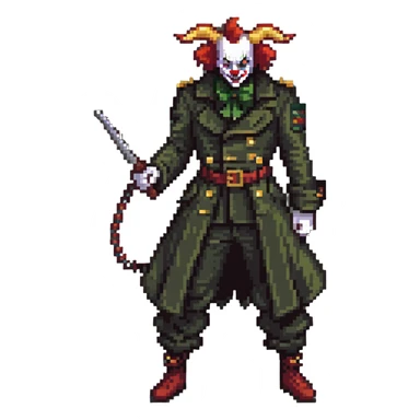evil clown soldier, bald, small black horns on forehead, fangs, pointed ears, eye patch over one eye, long coat over black and military green clothes with bellbottom pants, tail, holding an Indiana Jones-style whip, realistically proportioned, less bulky, full body, fighting stance sticker