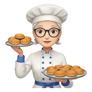 Older female pastry chef – round glasses, oven mitts on, holding a tray of pastries.

 sticker