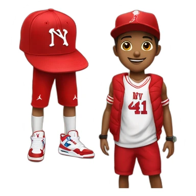 Morocho boy in red attire with a red NY cap red and Jordan Retro 4 red🌟. sticker