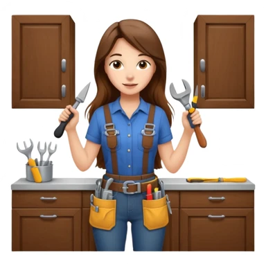 beautiful girl with long brown hair constructing new kitchen cabinets sticker