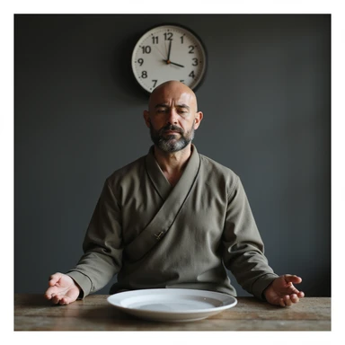 Hyperrealistic 4K image of a man meditating in front of an empty plate, clock indicating 23 hours of fasting, Zen minimalist environment, detailed facial features reference. sticker