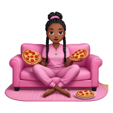 A dark-brown-skinned Black woman with black box braids, sitting on a pink couch, holding an open pizza.She’s wearing comfy loungewear, looking relaxed and enjoying her food. sticker