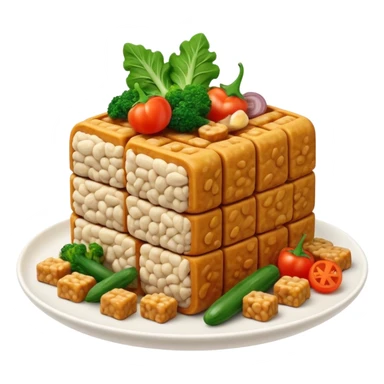 Cinematic Realistic Tempeh Dish Emoji, showcasing fermented soy cake cooked to a crispy finish rendered with lifelike textures and warm, inviting lighting. sticker