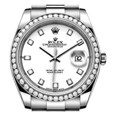 Crie um emoji com essas especificações: Um Rolex Datejust "Iced Out" prateado, totalmente coberto por diamantes na caixa, luneta e com diamantes na pulseira Jubilee. O mostrador possui fundo cravejado com diamantes (pavé), algarismos romanos pretos e lente de aumento na data. sticker