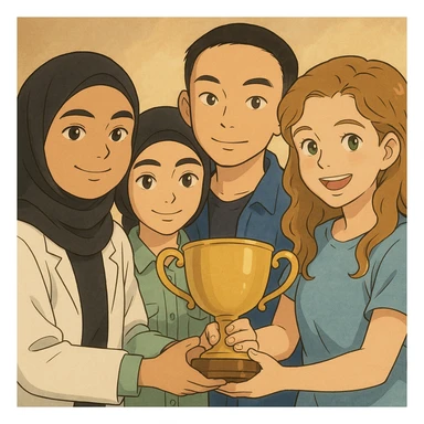 Four characters inspired by the reference photos, in Ghibli style, smiling, holding a trophy together, warm and friendly atmosphere. Generate the second variation. sticker