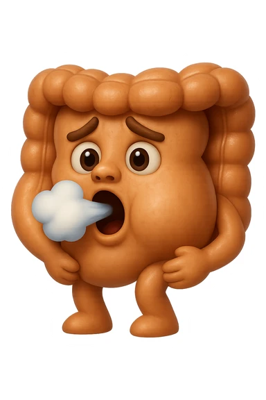 emoji stile iphone di un intestino che ingoia una nuvoletta di aria ben visibile e gli si gonfia la pancia, iperrealistico 4k sticker