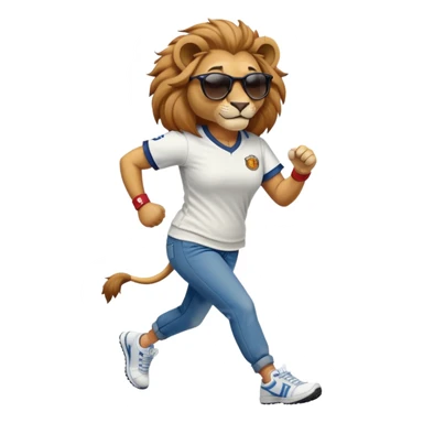 confident anthropomorphised female lion wearing a baseball shirt, jeans, trainers, dark sunglasses, jogging upright, looking self-assured sticker