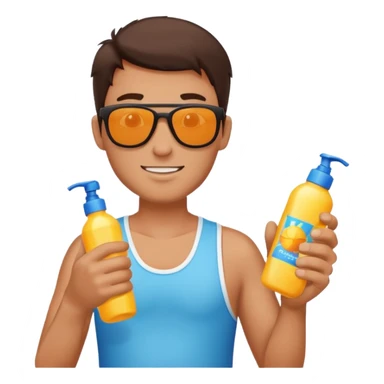 
male brunet suncream bottle and sunglasses, with sun burned sticker